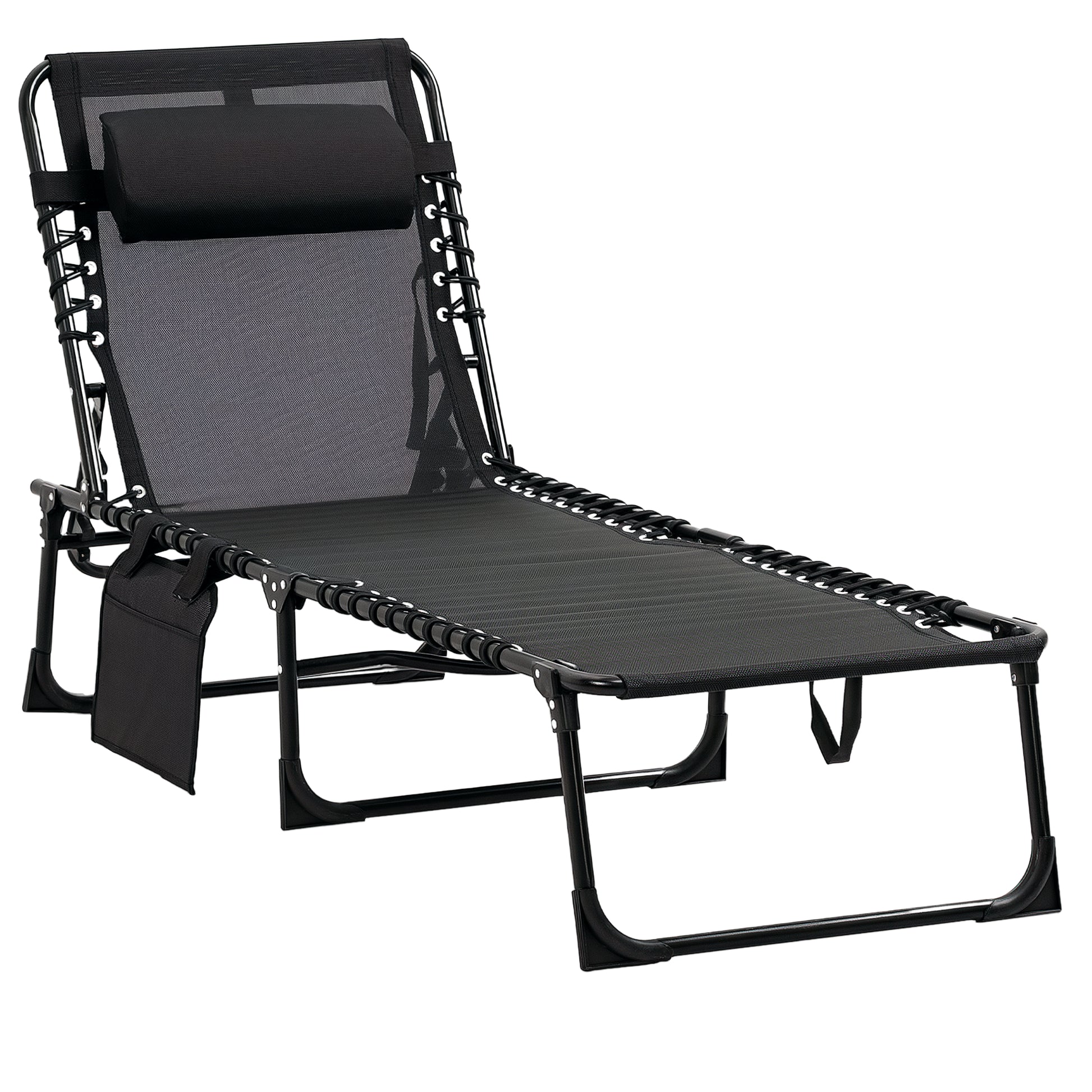 Folding Sun Lounger Relaxing Sunbed Reclining Backrest 5 Levels Removable Headrest Integrated Side Pocket Textilene Coating Steel Dim. 189 x 58 x 30 cm Black