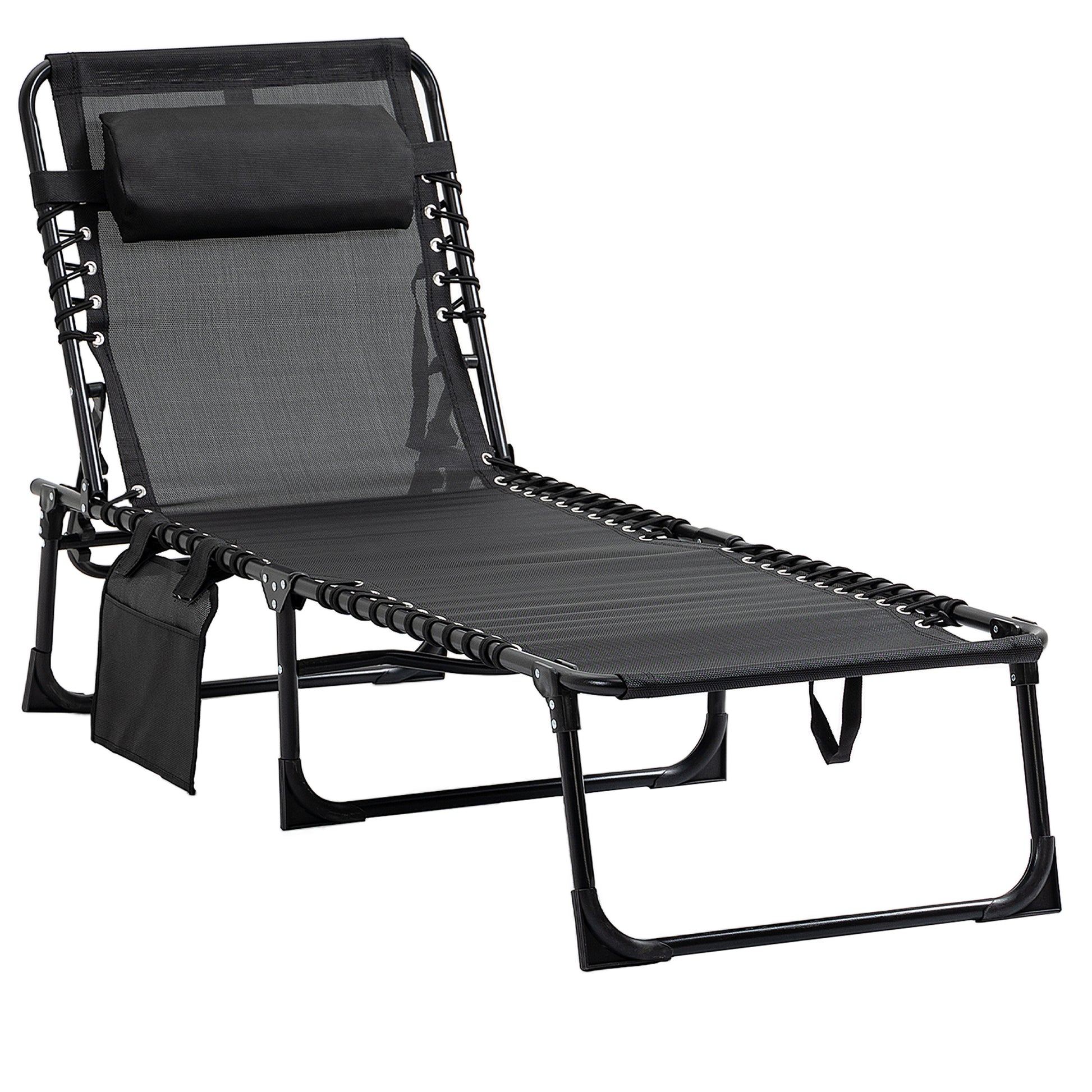 Folding Sun Lounger Relaxing Sunbed Reclining Backrest 5 Levels Removable Headrest Integrated Side Pocket Textilene Coating Steel Dim. 189 x 58 x 30 cm Black