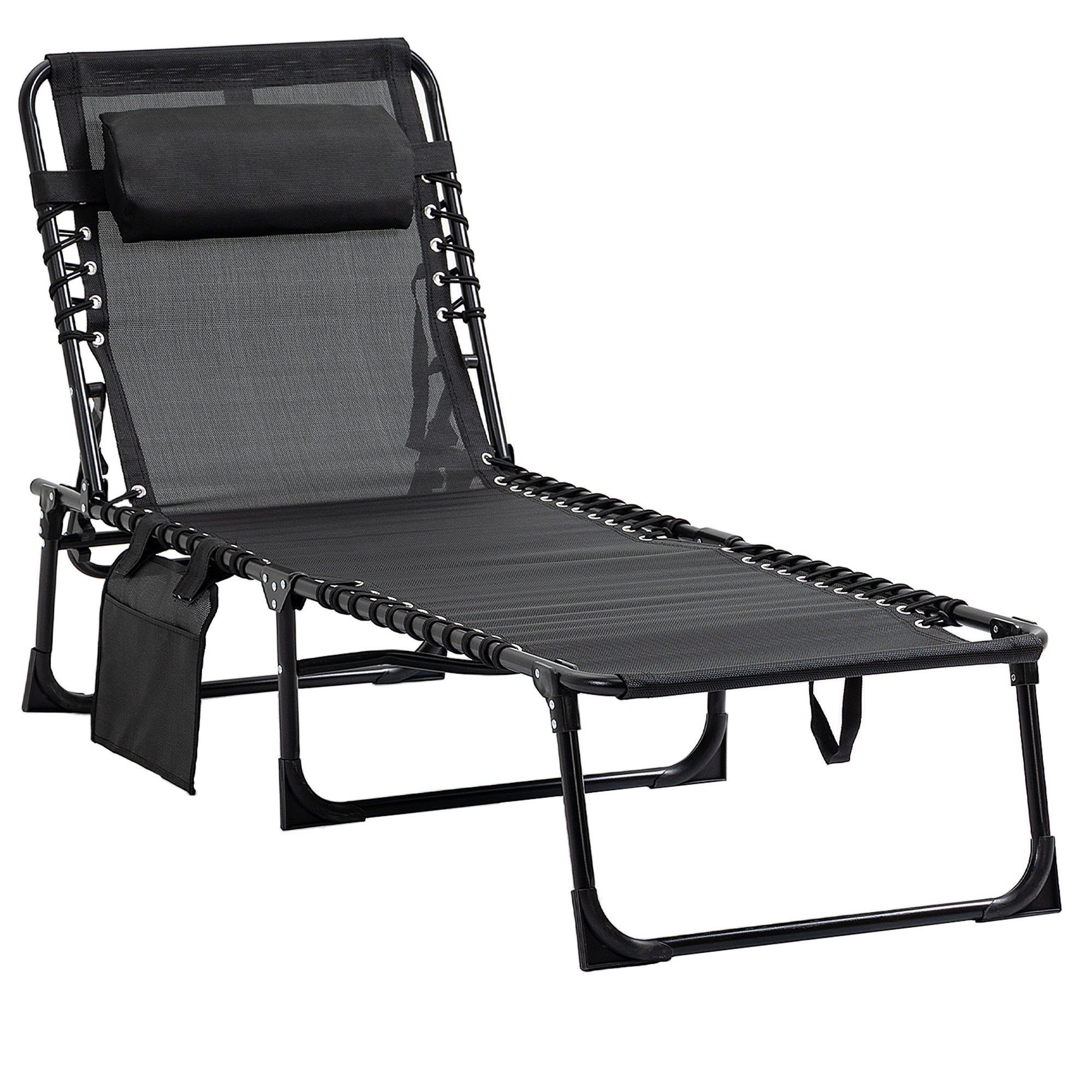 Folding Sun Lounger Relaxing Sunbed Reclining Backrest 5 Levels Removable Headrest Integrated Side Pocket Textilene Coating Steel Dim. 189 x 58 x 30 cm Black