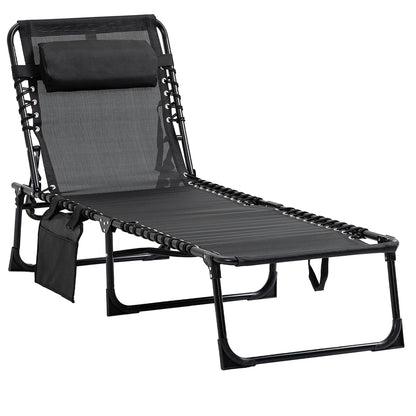 Folding Sun Lounger Relaxing Sunbed Reclining Backrest 5 Levels Removable Headrest Integrated Side Pocket Textilene Coating Steel Dim. 189 x 58 x 30 cm Black