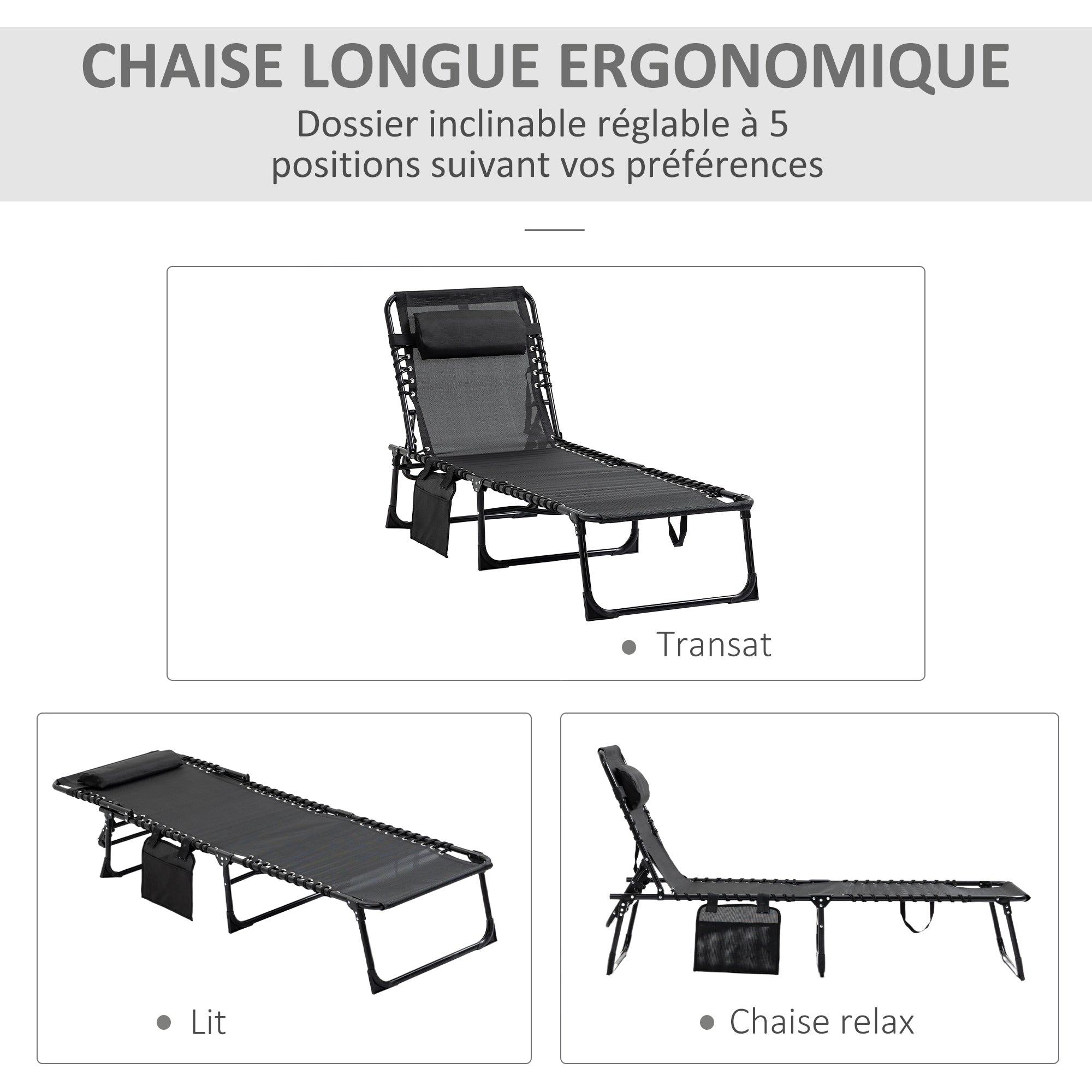 Folding Sun Lounger Relaxing Sunbed Reclining Backrest 5 Levels Removable Headrest Integrated Side Pocket Textilene Coating Steel Dim. 189 x 58 x 30 cm Black