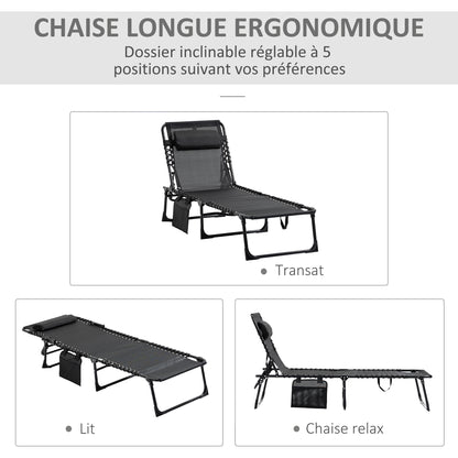 Folding Sun Lounger Relaxing Sunbed Reclining Backrest 5 Levels Removable Headrest Integrated Side Pocket Textilene Coating Steel Dim. 189 x 58 x 30 cm Black