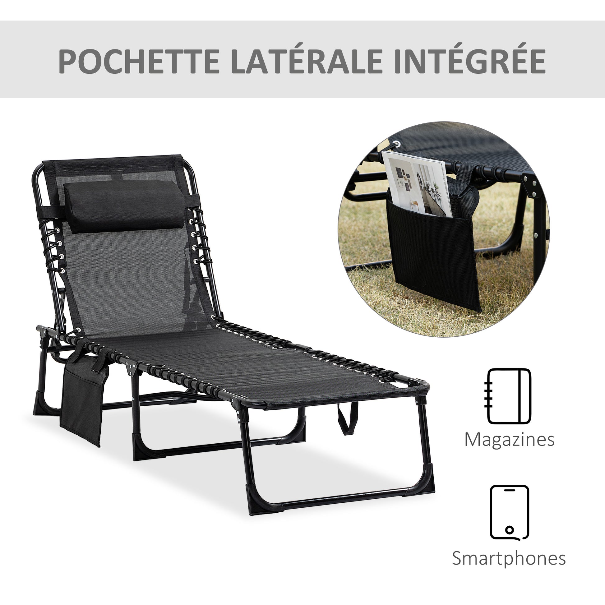 Folding Sun Lounger Relaxing Sunbed Reclining Backrest 5 Levels Removable Headrest Integrated Side Pocket Textilene Coating Steel Dim. 189 x 58 x 30 cm Black