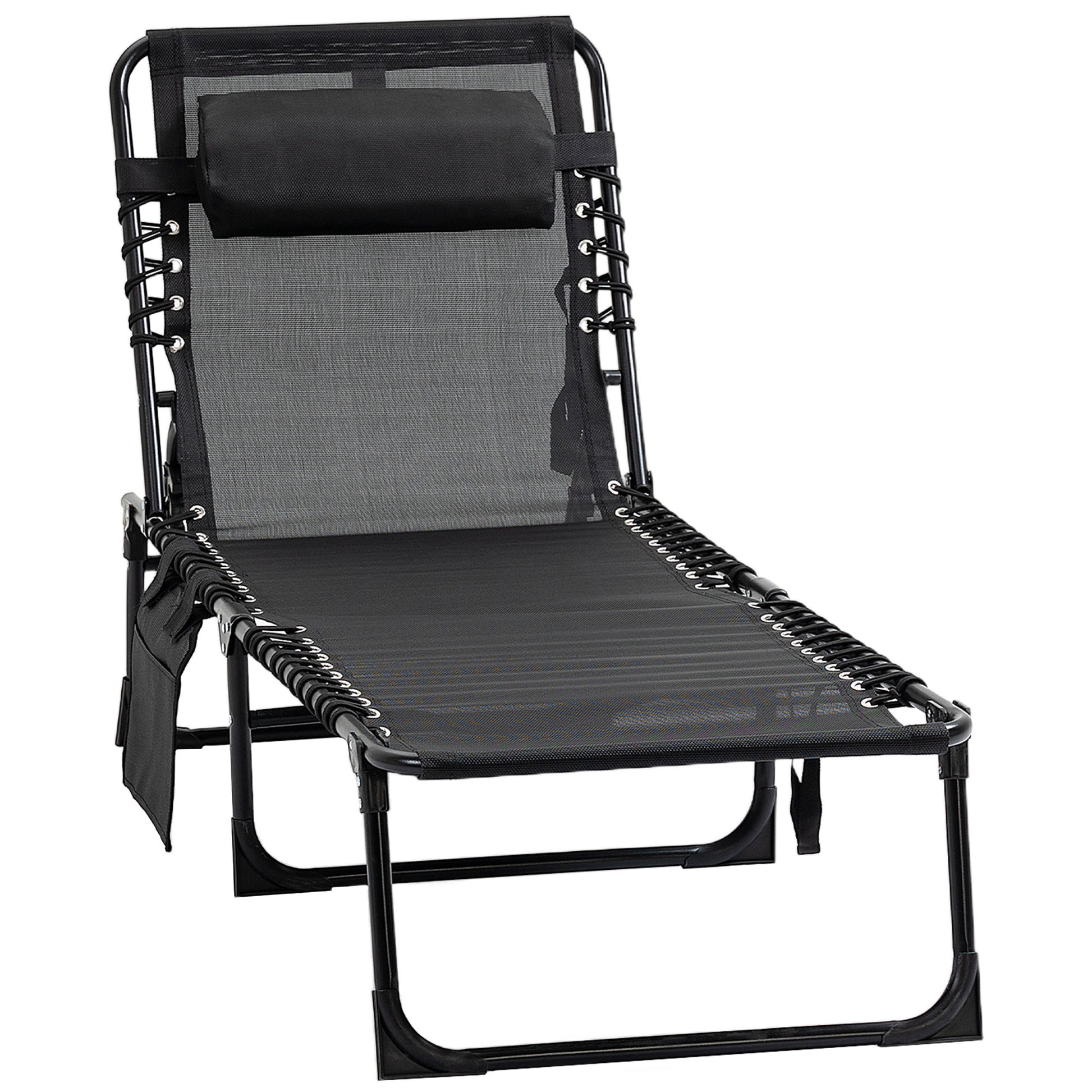 Folding Sun Lounger Relaxing Sunbed Reclining Backrest 5 Levels Removable Headrest Integrated Side Pocket Textilene Coating Steel Dim. 189 x 58 x 30 cm Black