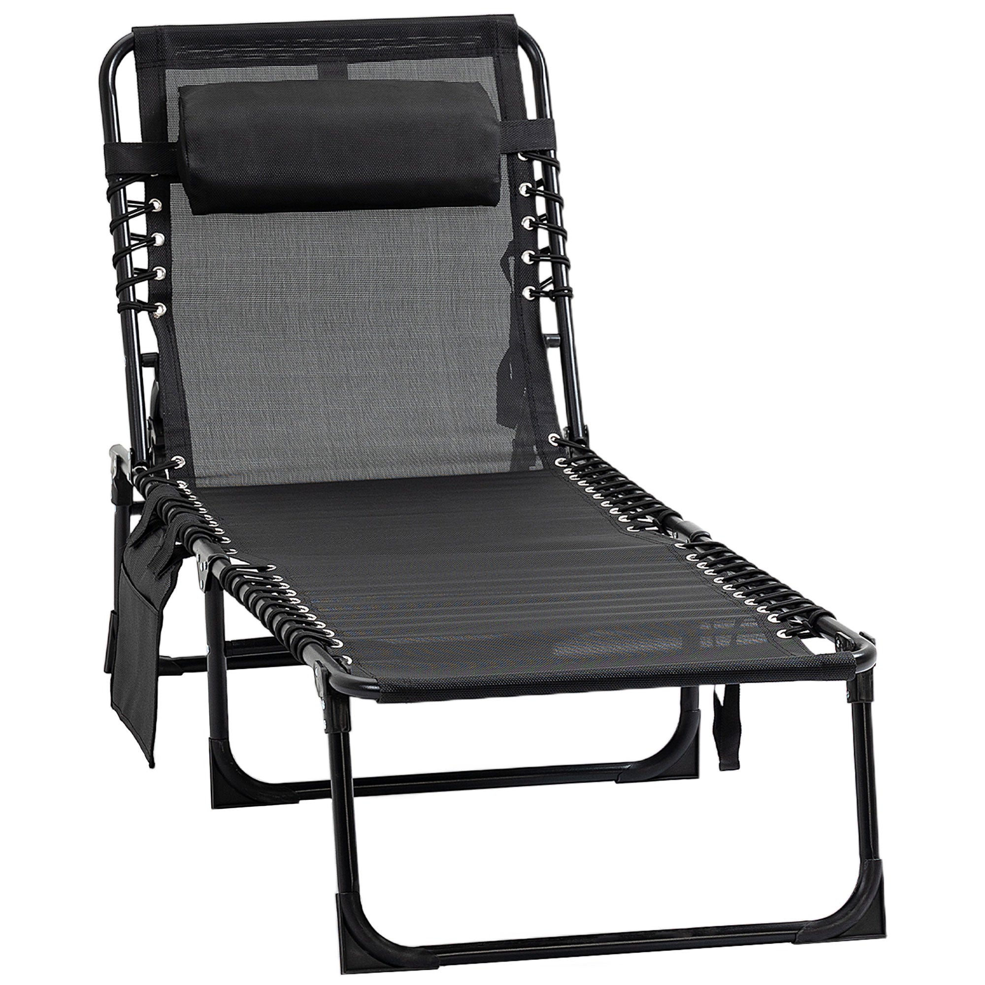 Folding Sun Lounger Relaxing Sunbed Reclining Backrest 5 Levels Removable Headrest Integrated Side Pocket Textilene Coating Steel Dim. 189 x 58 x 30 cm Black