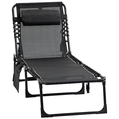 Folding Sun Lounger Relaxing Sunbed Reclining Backrest 5 Levels Removable Headrest Integrated Side Pocket Textilene Coating Steel Dim. 189 x 58 x 30 cm Black