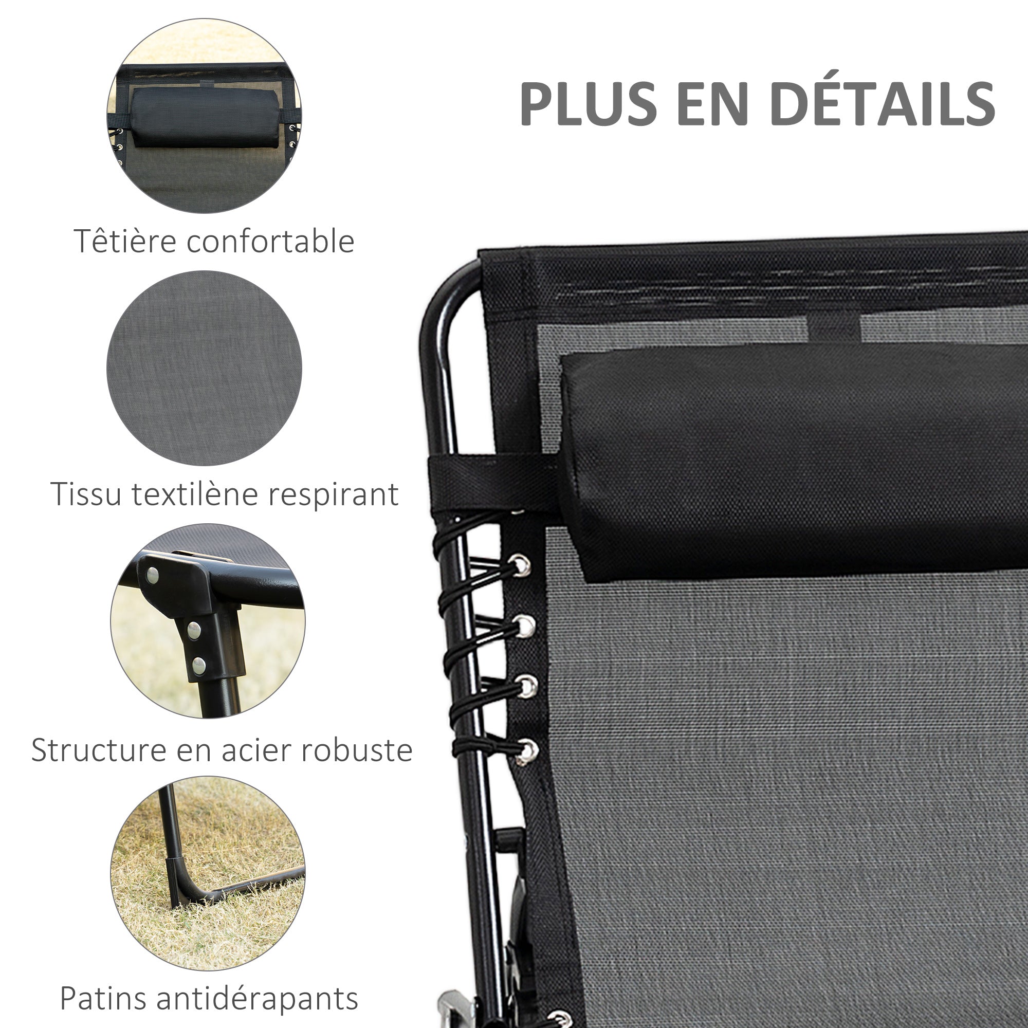 Folding Sun Lounger Relaxing Sunbed Reclining Backrest 5 Levels Removable Headrest Integrated Side Pocket Textilene Coating Steel Dim. 189 x 58 x 30 cm Black