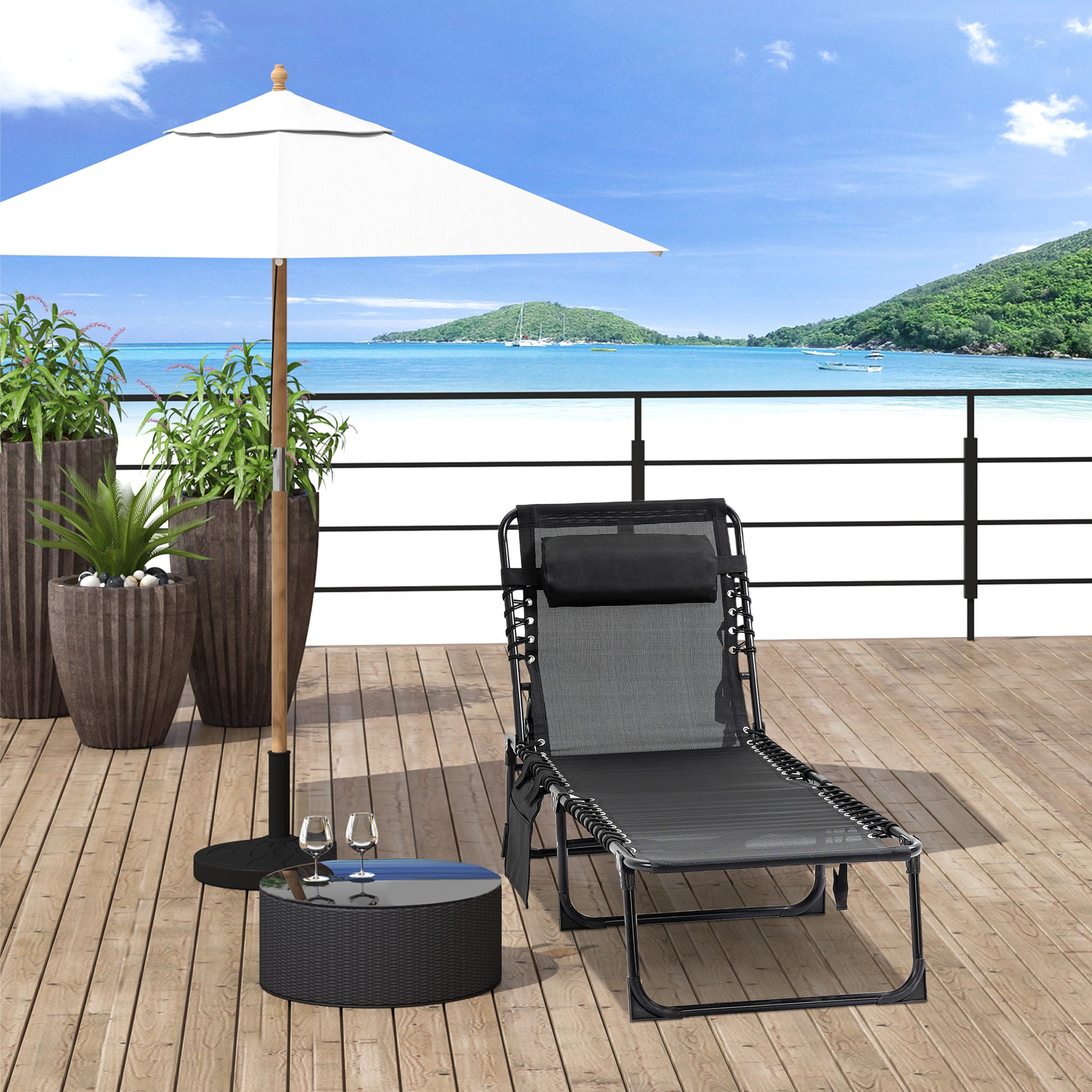 Folding Sun Lounger Relaxing Sunbed Reclining Backrest 5 Levels Removable Headrest Integrated Side Pocket Textilene Coating Steel Dim. 189 x 58 x 30 cm Black