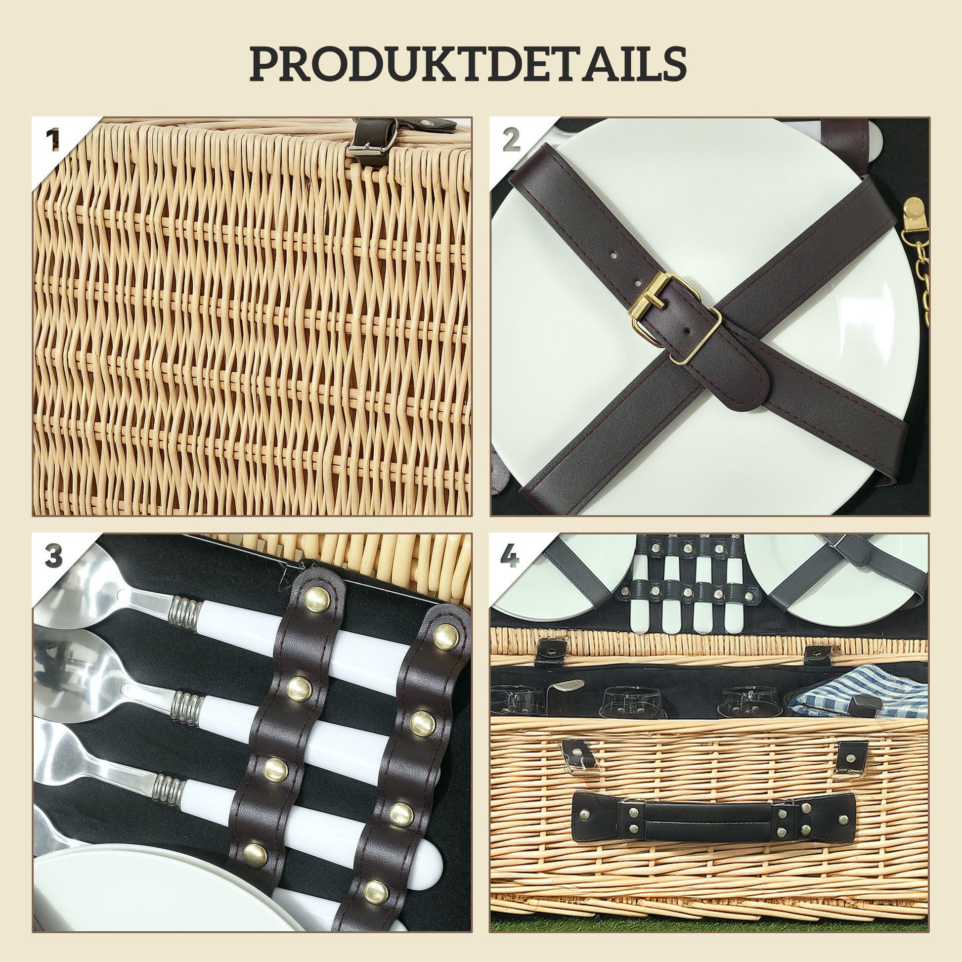 Willow Picnic Basket Set for 4 People with Insulated Cooler, Picnic Blanket, Cutlery Set, Complete Picnic Set for Camping Beach Christmas Natural Wood