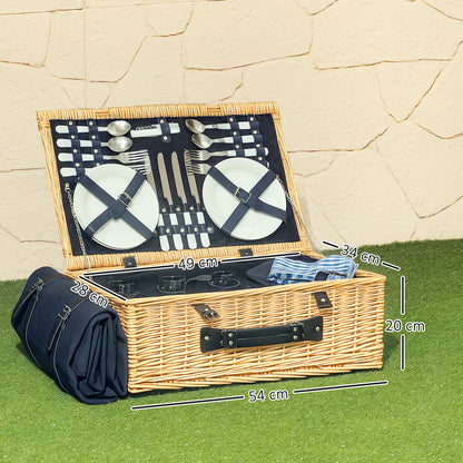 Willow Picnic Basket Set for 4 People with Insulated Cooler, Picnic Blanket, Cutlery Set, Complete Picnic Set for Camping Beach Christmas Natural Wood