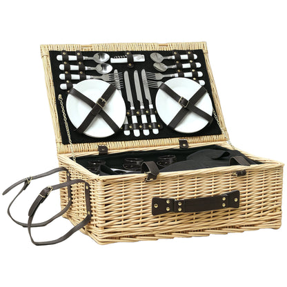 Willow Picnic Basket Set for 4 People with Insulated Cooler, Picnic Blanket, Cutlery Set, Complete Picnic Set for Camping Beach Christmas Natural Wood