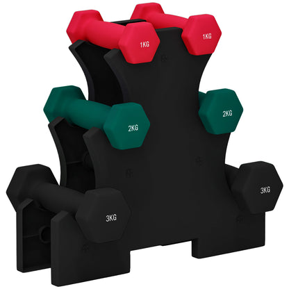 SPORTNOW Short Hexagonal Dumbbell Set Total 12 Kg - includes dumbbell stand - for weightlifting, 6 dumbbells - 2 x 1kg, 2 x 2kg, 2 x 3kg