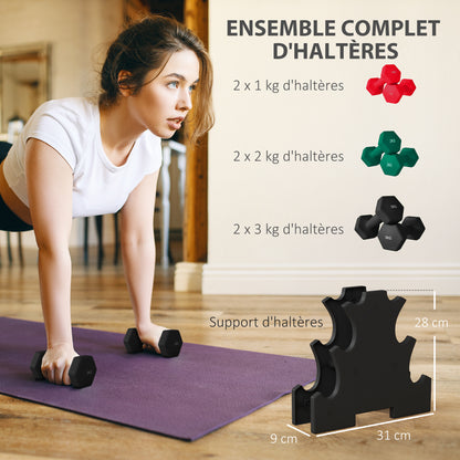 SPORTNOW Short Hexagonal Dumbbell Set Total 12 Kg - includes dumbbell stand - for weightlifting, 6 dumbbells - 2 x 1kg, 2 x 2kg, 2 x 3kg