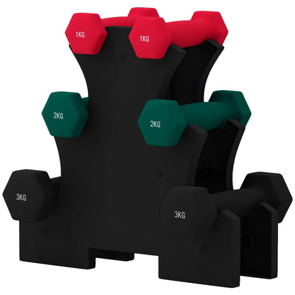 SPORTNOW Short Hexagonal Dumbbell Set Total 12 Kg - includes dumbbell stand - for weightlifting, 6 dumbbells - 2 x 1kg, 2 x 2kg, 2 x 3kg