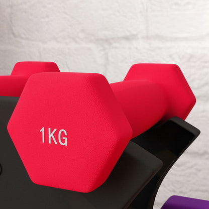 SPORTNOW Short Hexagonal Dumbbell Set Total 12 Kg - includes dumbbell stand - for weightlifting, 6 dumbbells - 2 x 1kg, 2 x 2kg, 2 x 3kg