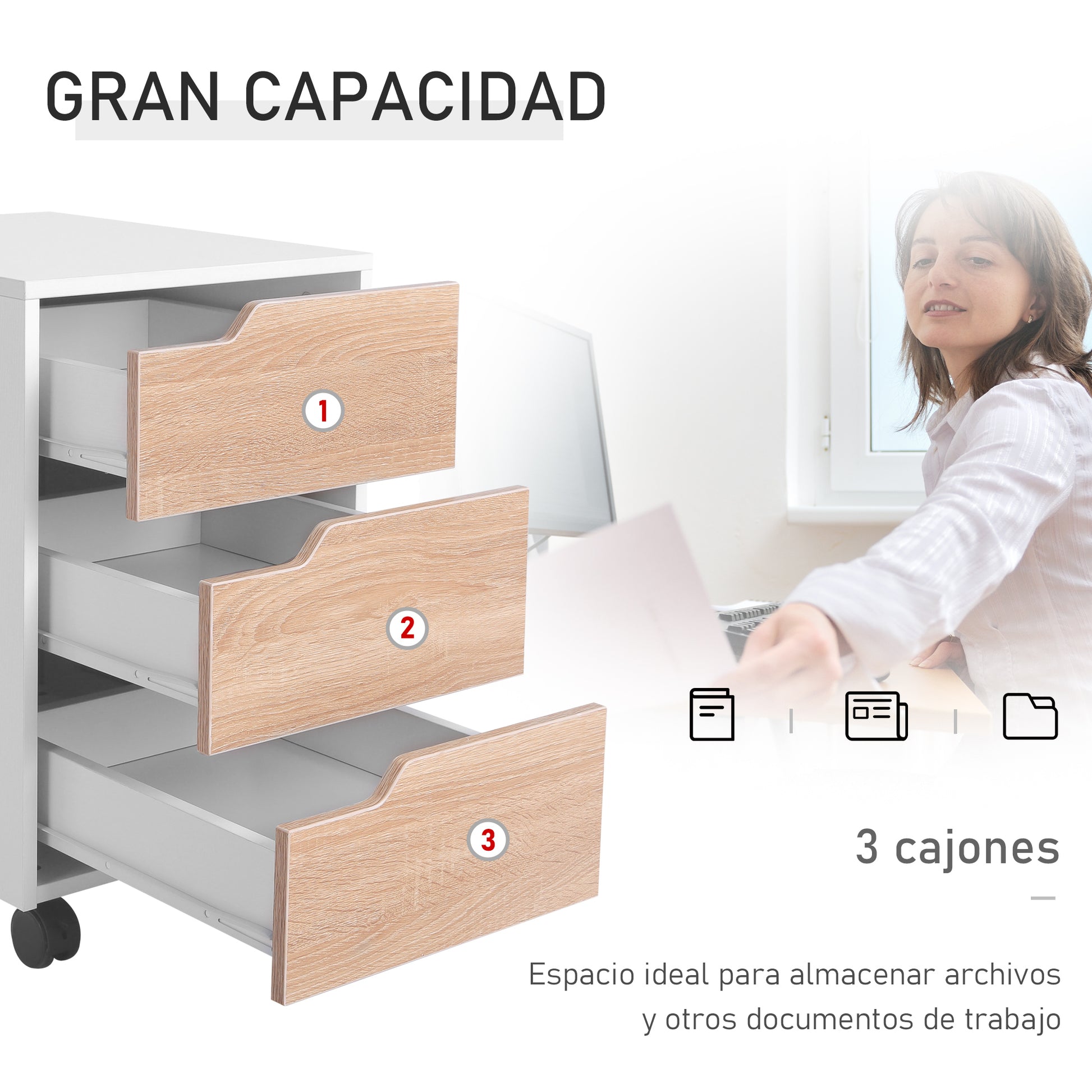 Office Filing Cabinet with Wheels, 3-Drawer File Cabinet for Desk Study 40x50x57.5 cm Oak and White