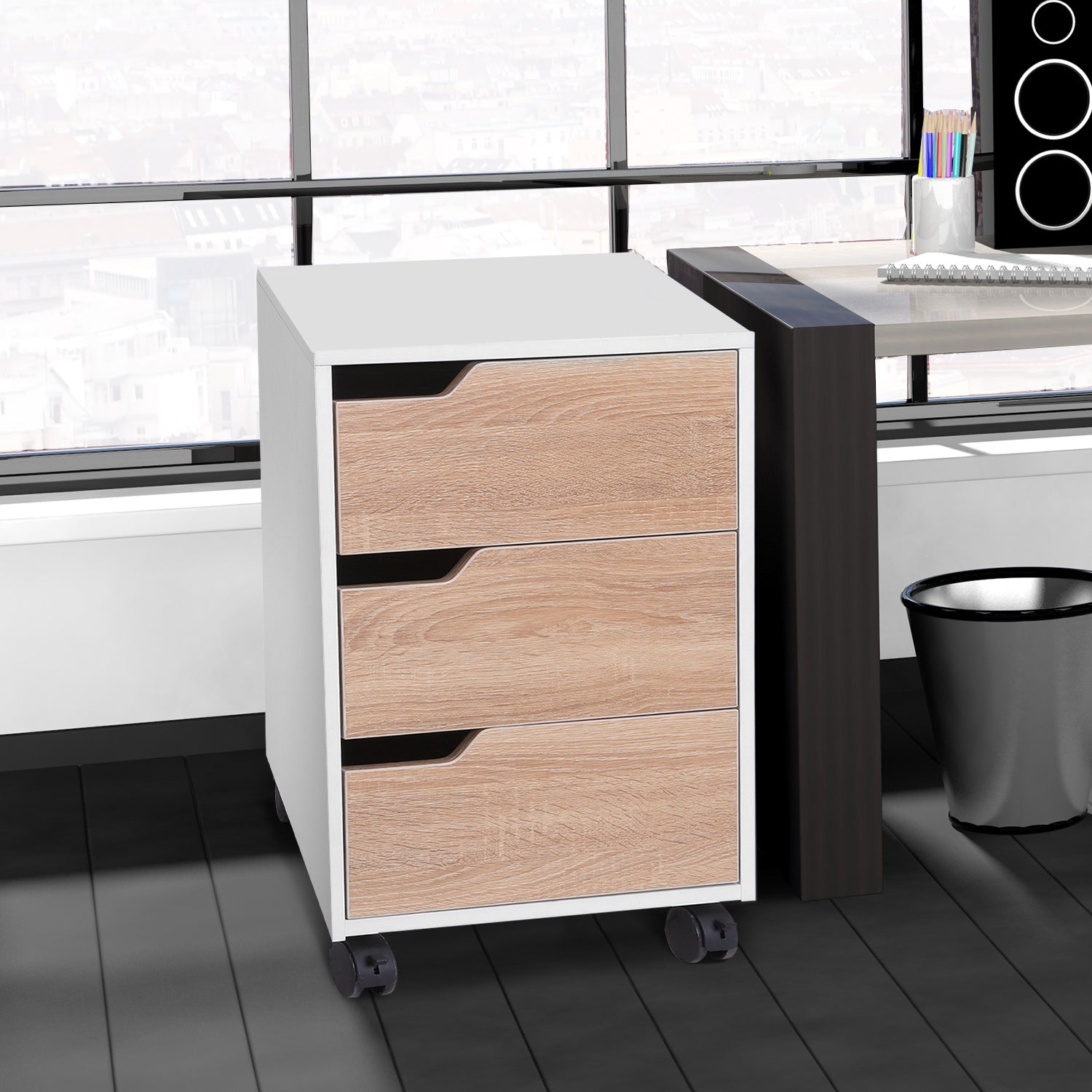 Office Filing Cabinet with Wheels, 3-Drawer File Cabinet for Desk Study 40x50x57.5 cm Oak and White