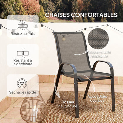 3-piece outdoor garden lounge, set of 2 stackable armchairs, coffee table with tempered glass top, textilene fabric, for patio, terrace, balcony, black