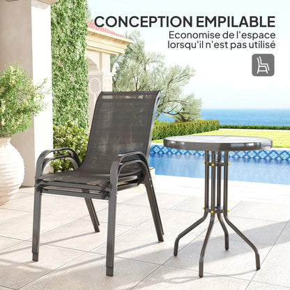 3-piece outdoor garden lounge, set of 2 stackable armchairs, coffee table with tempered glass top, textilene fabric, for patio, terrace, balcony, black