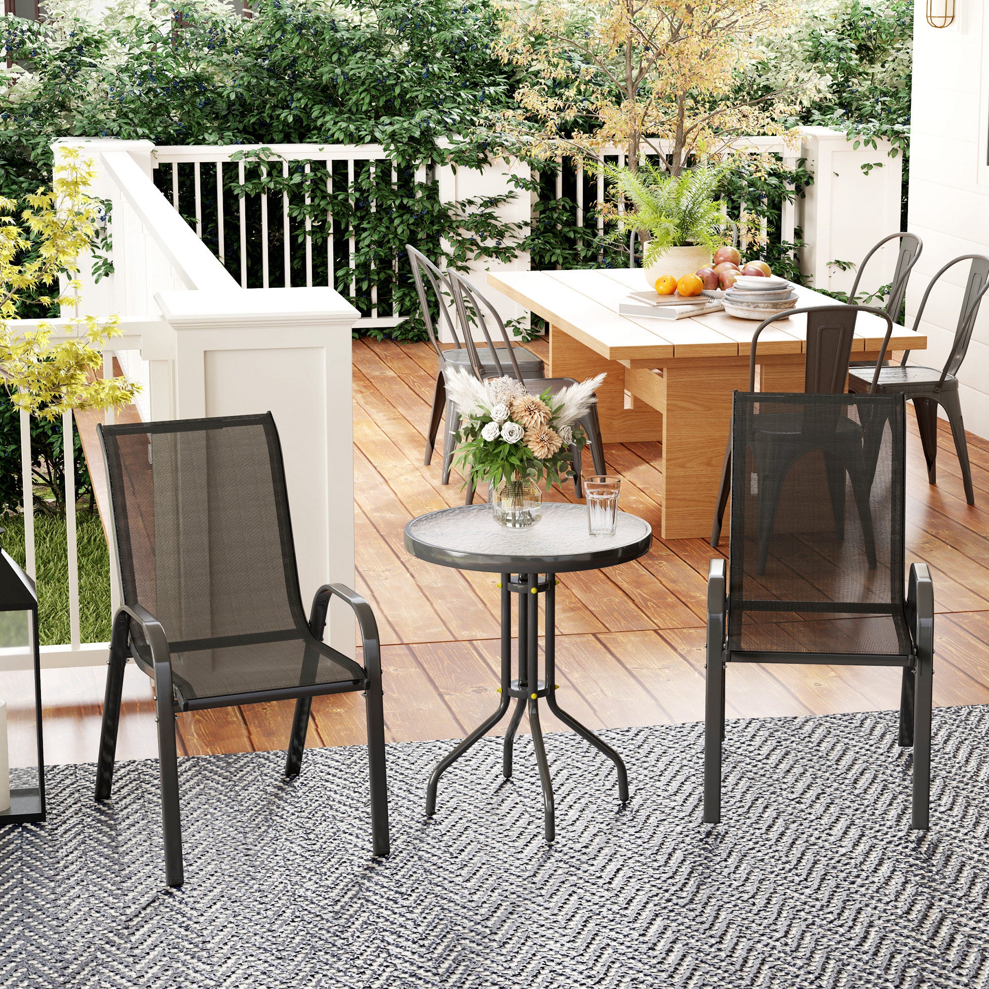 3-piece outdoor garden lounge, set of 2 stackable armchairs, coffee table with tempered glass top, textilene fabric, for patio, terrace, balcony, black