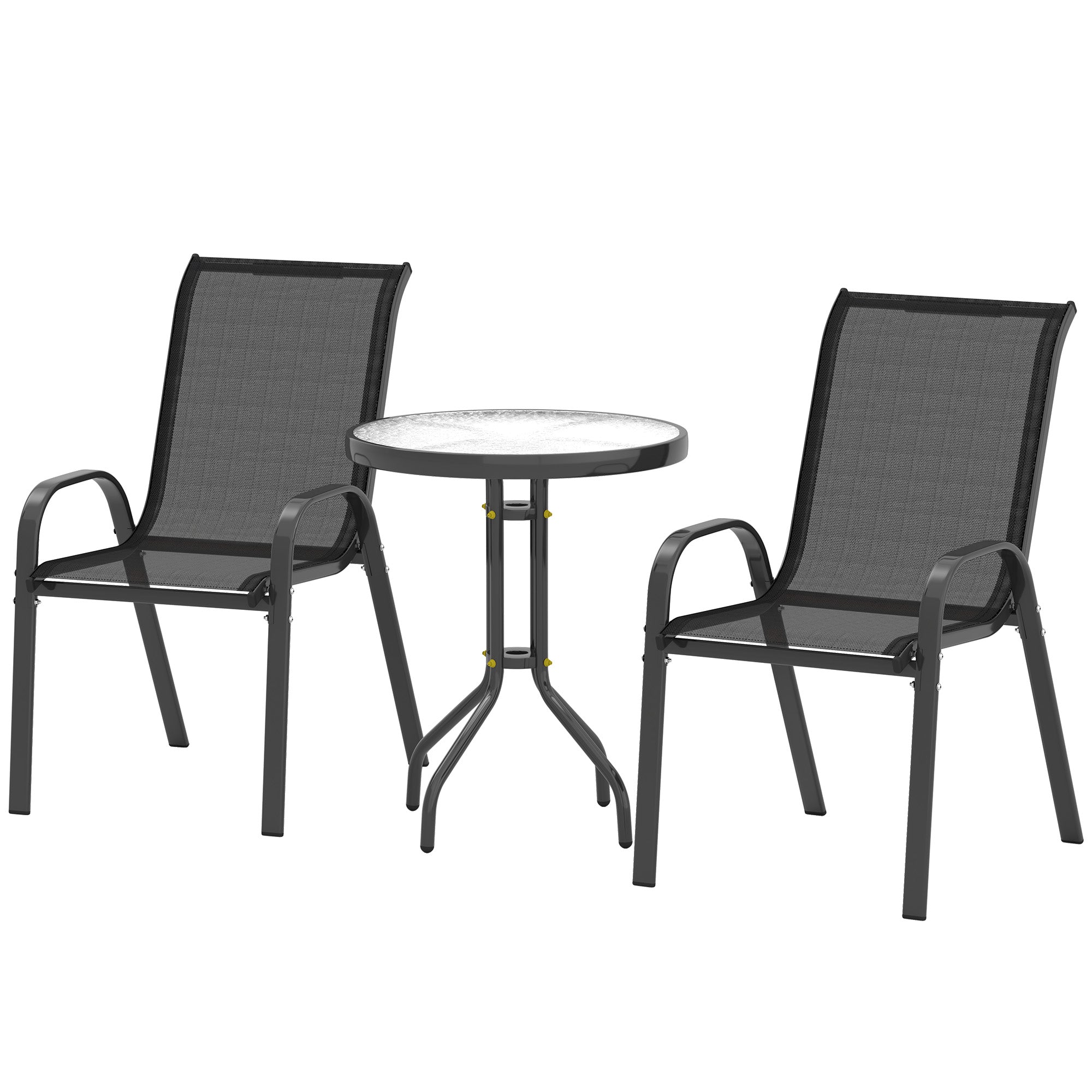 3-piece outdoor garden lounge, set of 2 stackable armchairs, coffee table with tempered glass top, textilene fabric, for patio, terrace, balcony, black