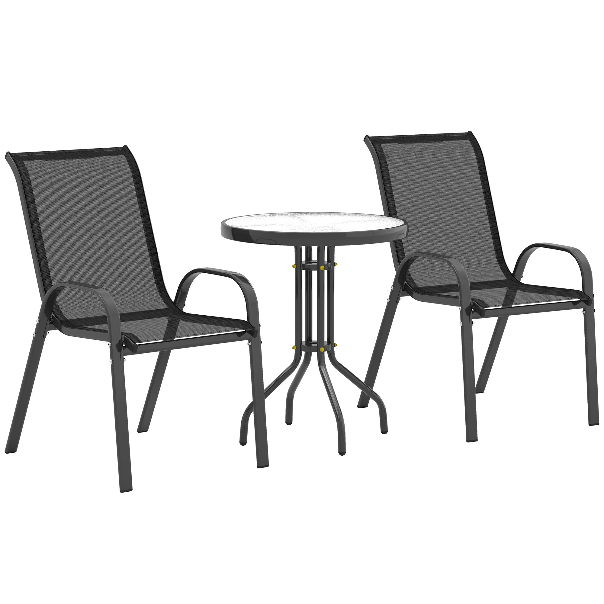 3-piece outdoor garden lounge, set of 2 stackable armchairs, coffee table with tempered glass top, textilene fabric, for patio, terrace, balcony, black