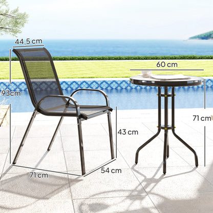 3-piece outdoor garden lounge, set of 2 stackable armchairs, coffee table with tempered glass top, textilene fabric, for patio, terrace, balcony, black
