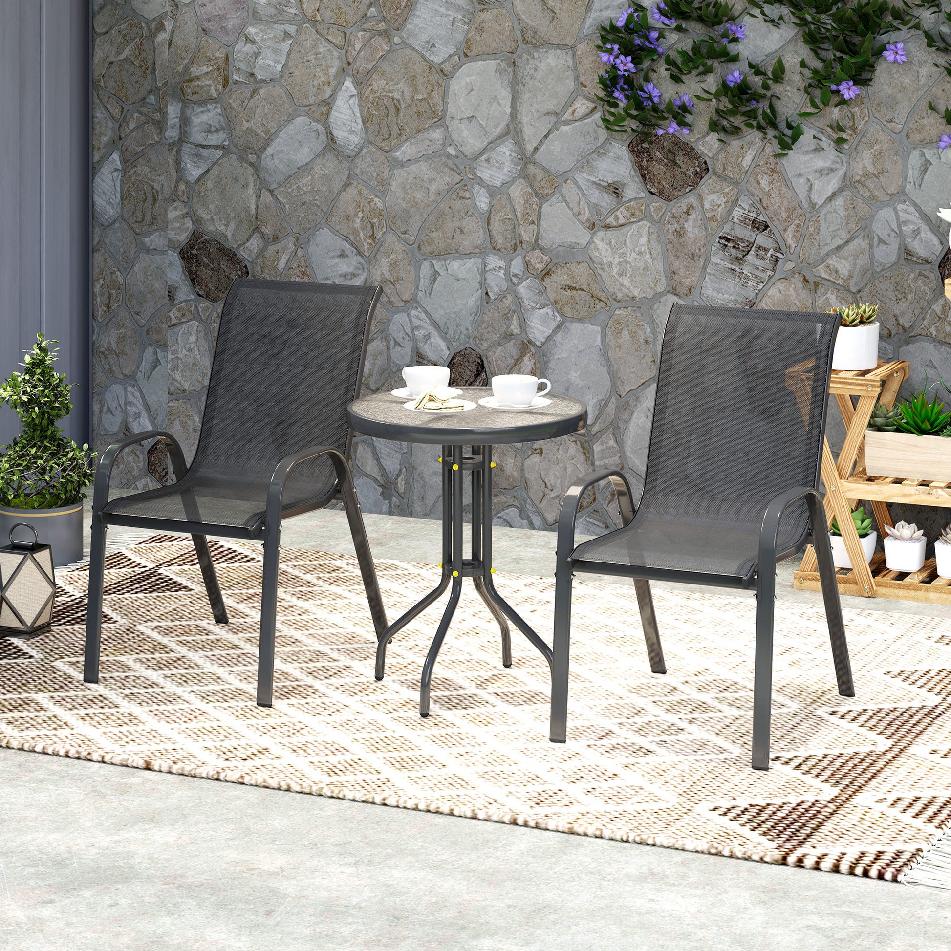 3-piece outdoor garden lounge, set of 2 stackable armchairs, coffee table with tempered glass top, textilene fabric, for patio, terrace, balcony, black
