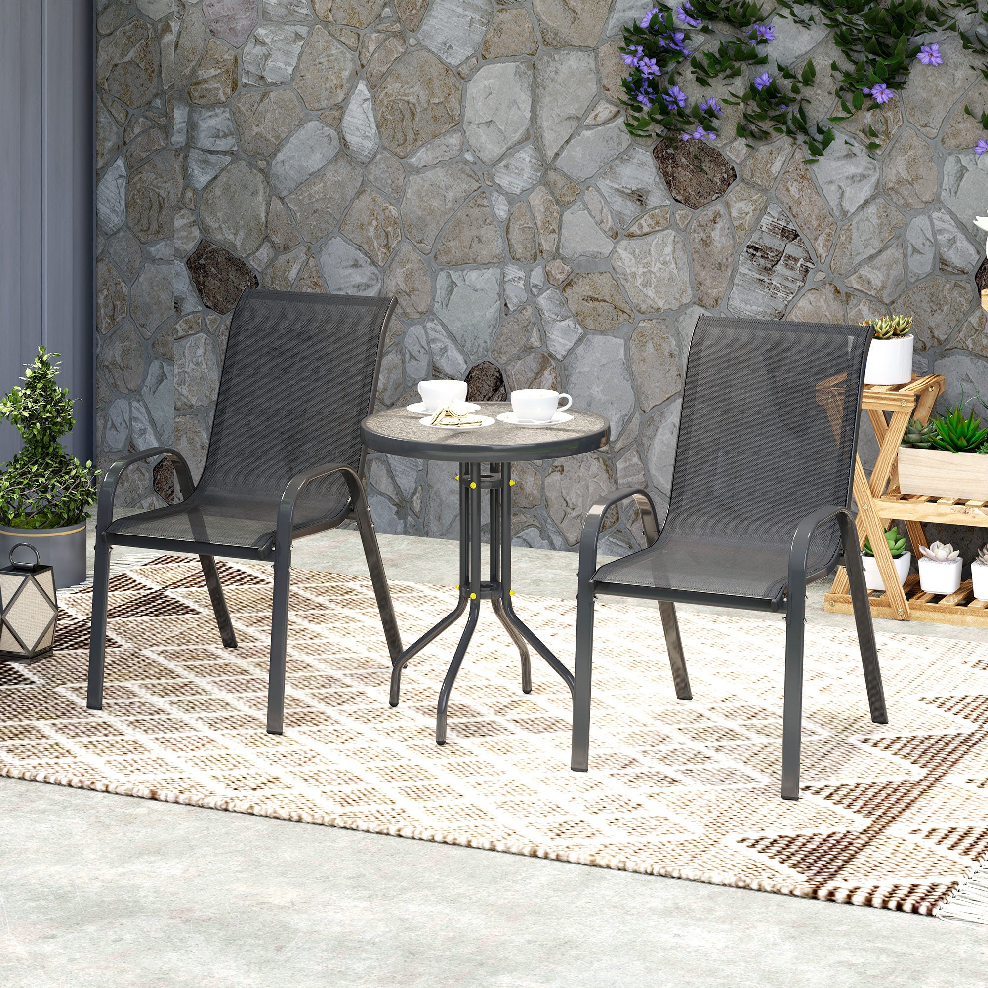 3-piece outdoor garden lounge, set of 2 stackable armchairs, coffee table with tempered glass top, textilene fabric, for patio, terrace, balcony, black