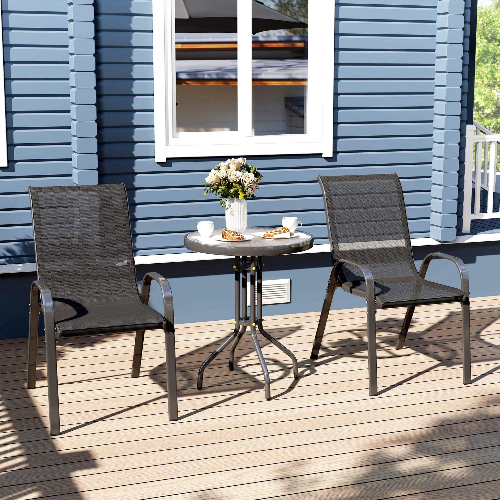 3-piece outdoor garden lounge, set of 2 stackable armchairs, coffee table with tempered glass top, textilene fabric, for patio, terrace, balcony, black