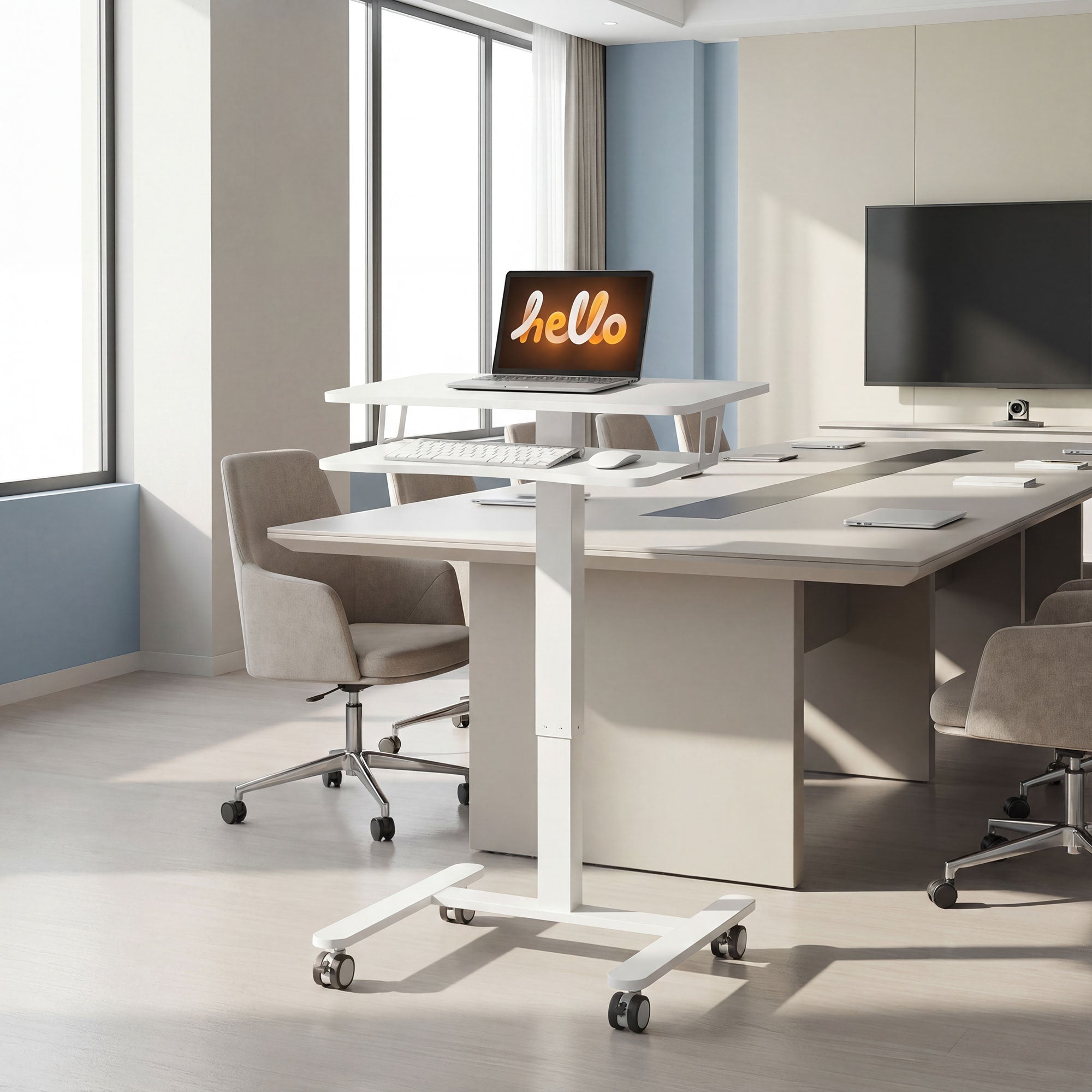 Height-Adjustable Rolling Standing Desk 28–42 in with Keyboard Tray, Steel Frame — Compact White