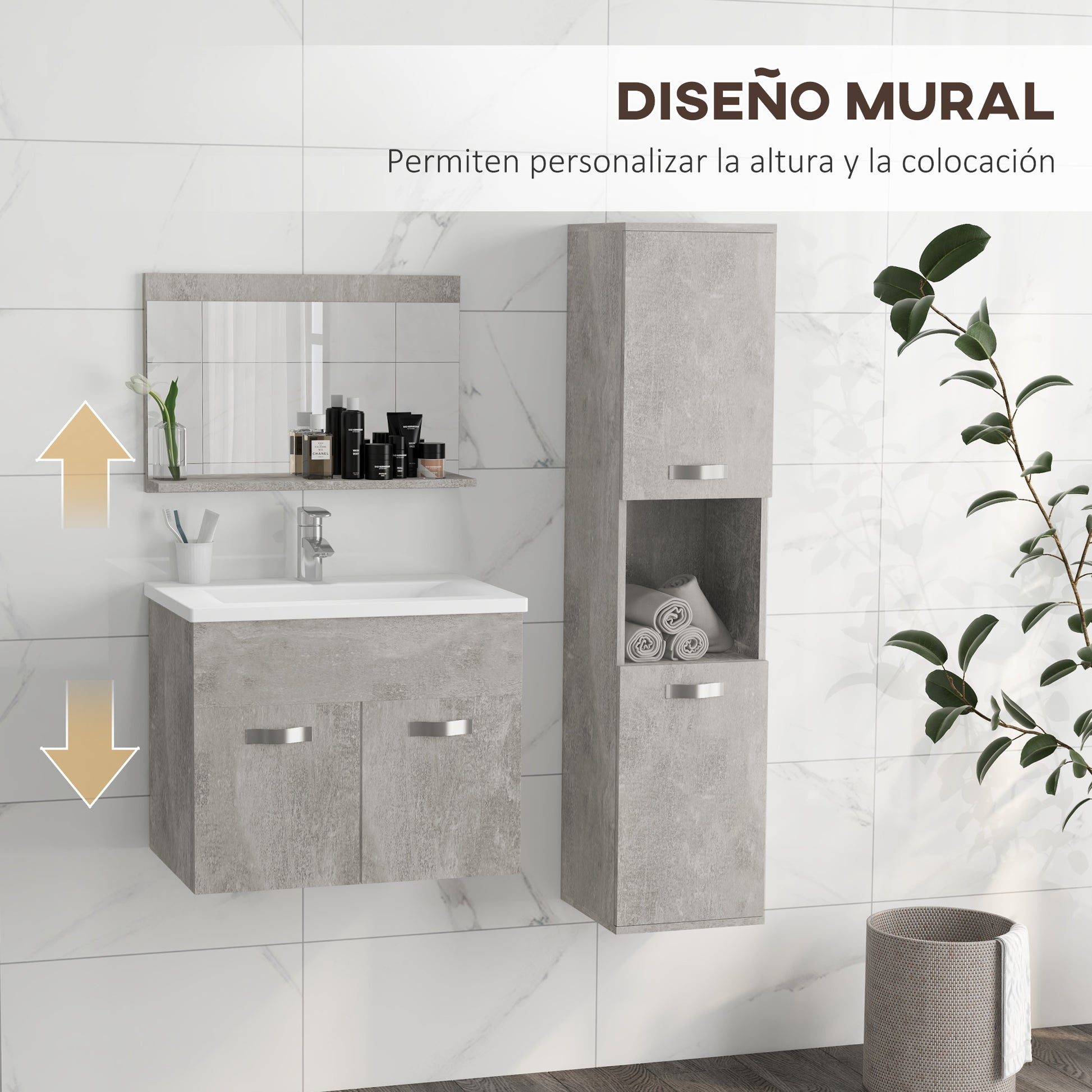 3-Piece Wall Mounted Bathroom Furniture Set Includes Ceramic Sink Vanity Mirror Cabinet and Modern Style Bathroom Auxiliary Column Gray