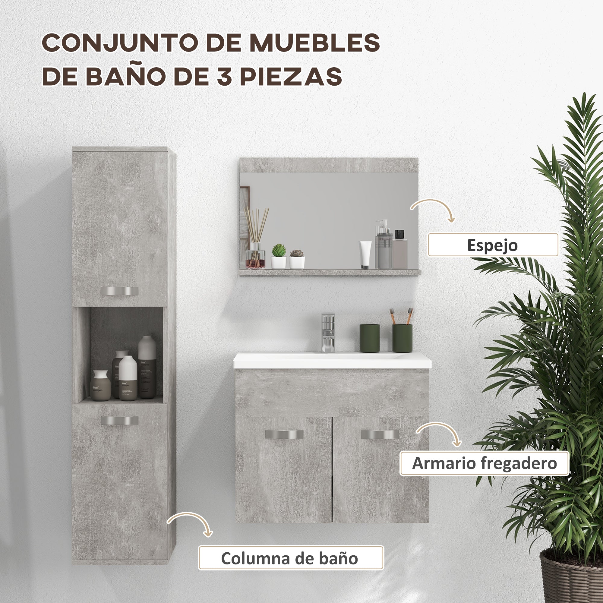 3-Piece Wall Mounted Bathroom Furniture Set Includes Ceramic Sink Vanity Mirror Cabinet and Modern Style Bathroom Auxiliary Column Gray