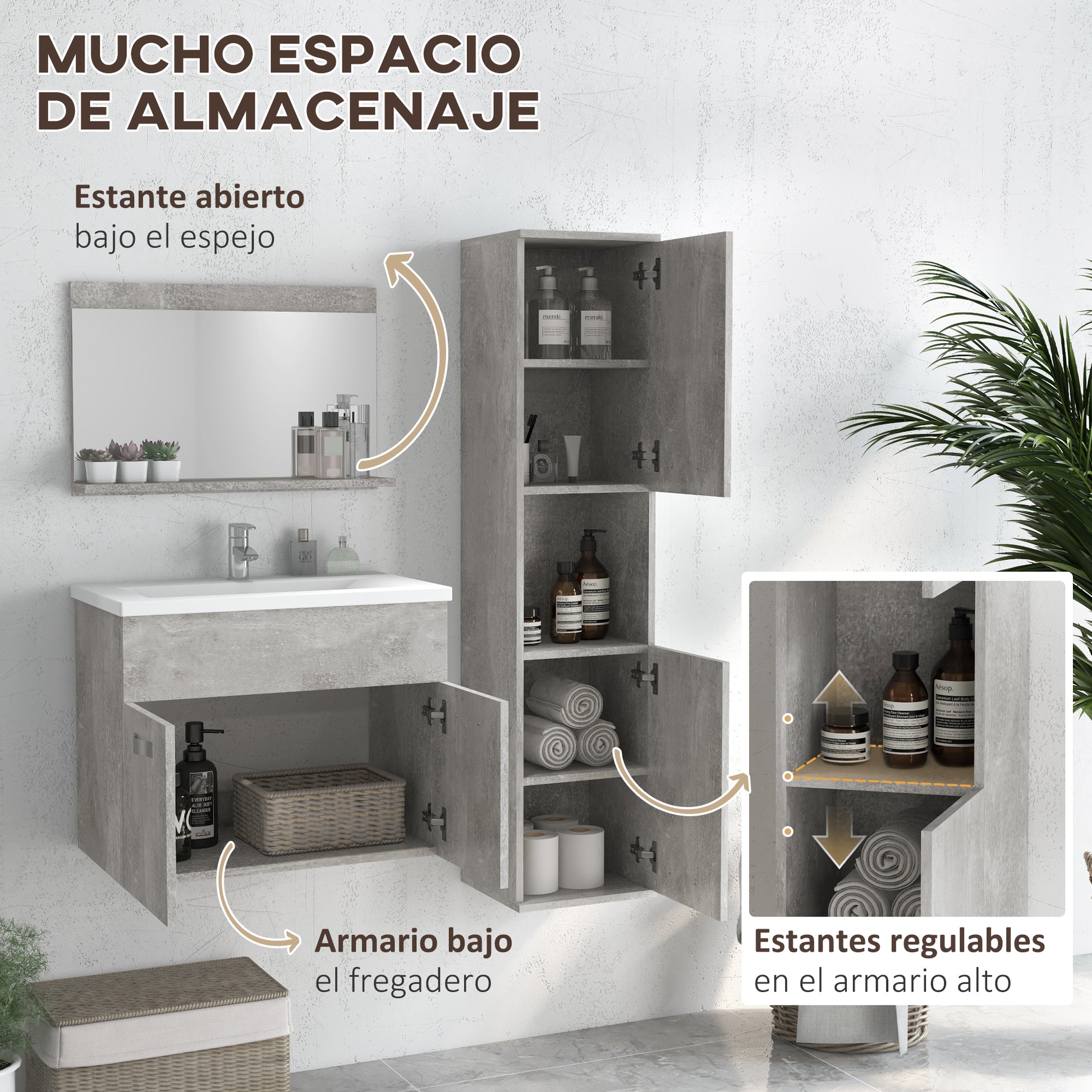 3-Piece Wall Mounted Bathroom Furniture Set Includes Ceramic Sink Vanity Mirror Cabinet and Modern Style Bathroom Auxiliary Column Gray