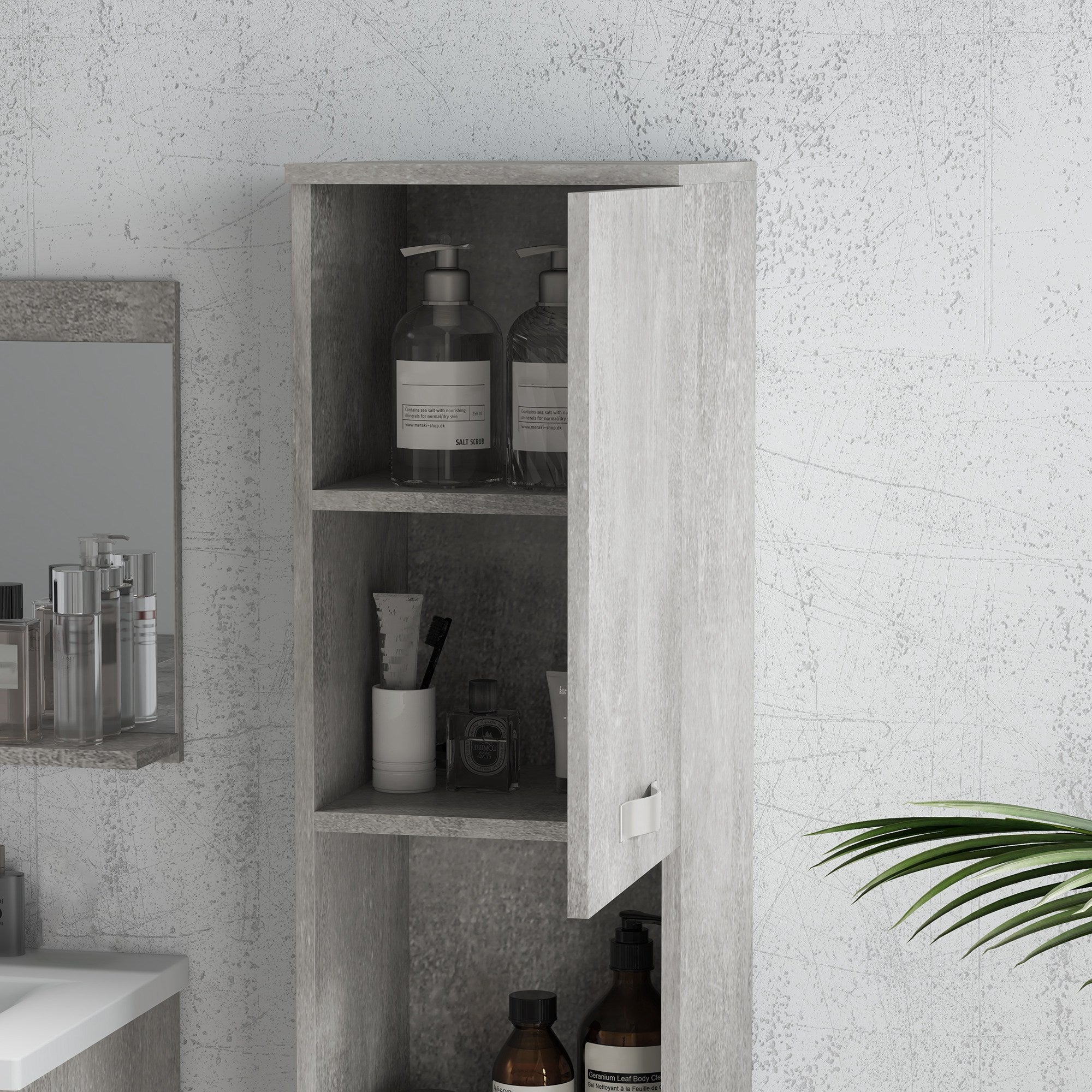 3-Piece Wall Mounted Bathroom Furniture Set Includes Ceramic Sink Vanity Mirror Cabinet and Modern Style Bathroom Auxiliary Column Gray