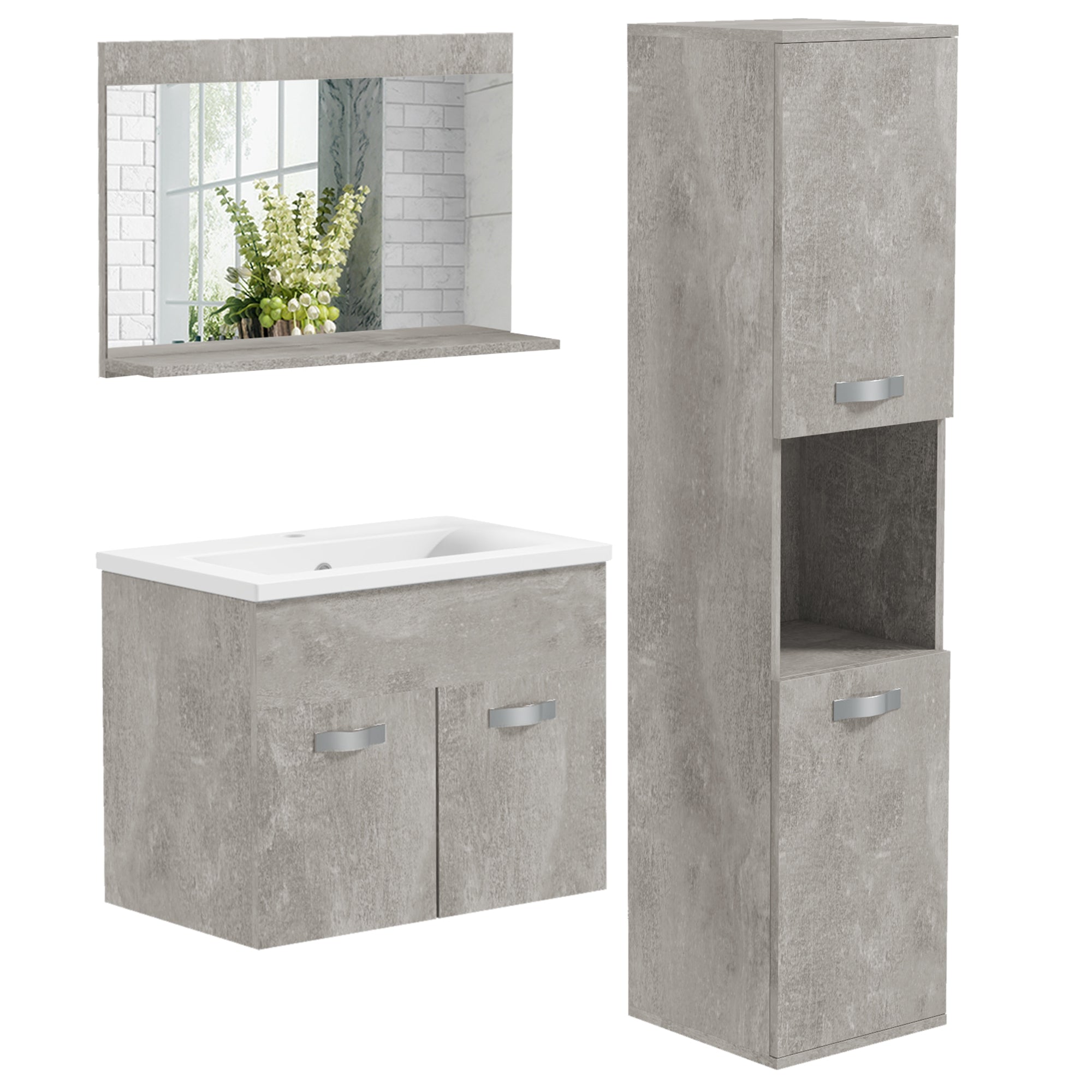 3-Piece Wall Mounted Bathroom Furniture Set Includes Ceramic Sink Vanity Mirror Cabinet and Modern Style Bathroom Auxiliary Column Gray