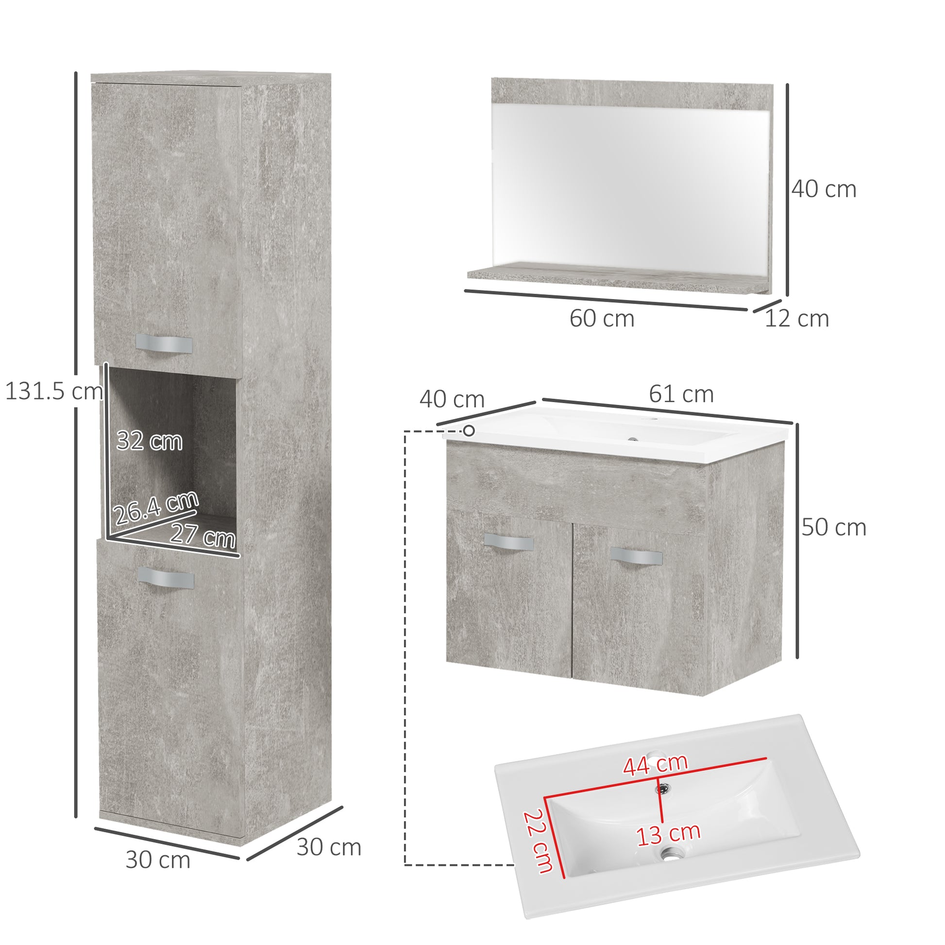 3-Piece Wall Mounted Bathroom Furniture Set Includes Ceramic Sink Vanity Mirror Cabinet and Modern Style Bathroom Auxiliary Column Gray