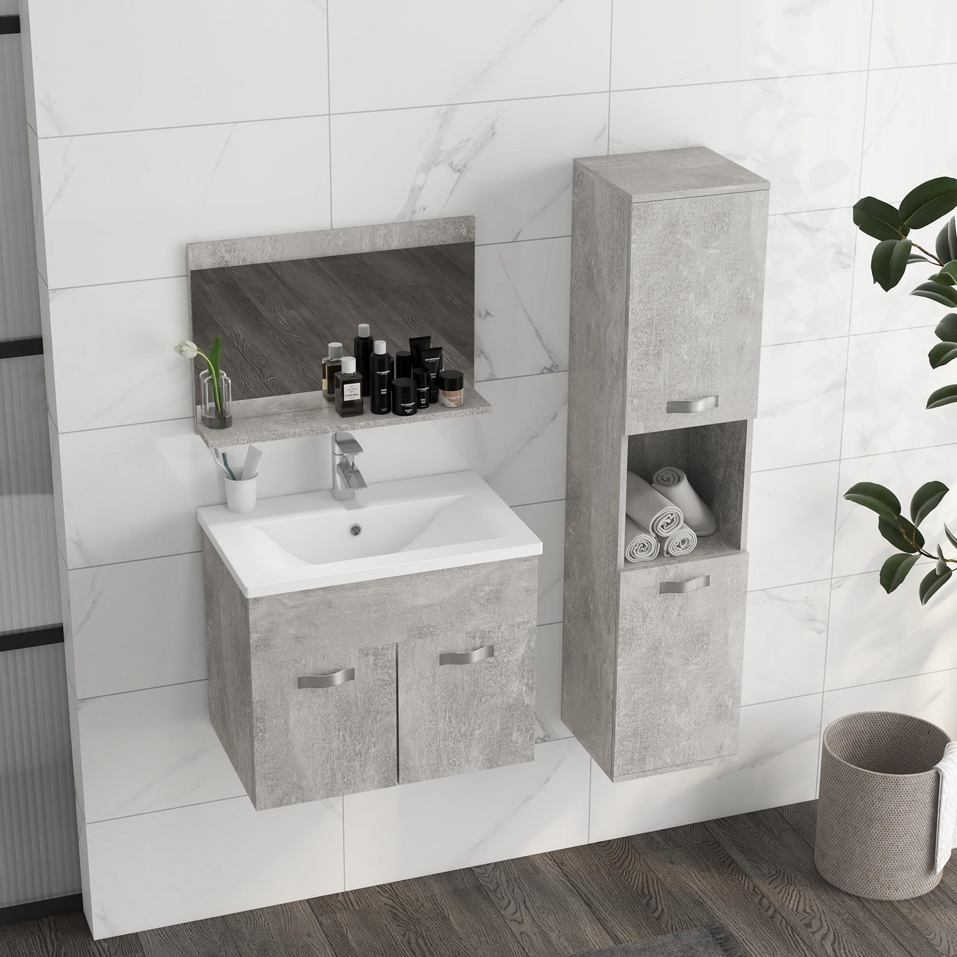 3-Piece Wall Mounted Bathroom Furniture Set Includes Ceramic Sink Vanity Mirror Cabinet and Modern Style Bathroom Auxiliary Column Gray