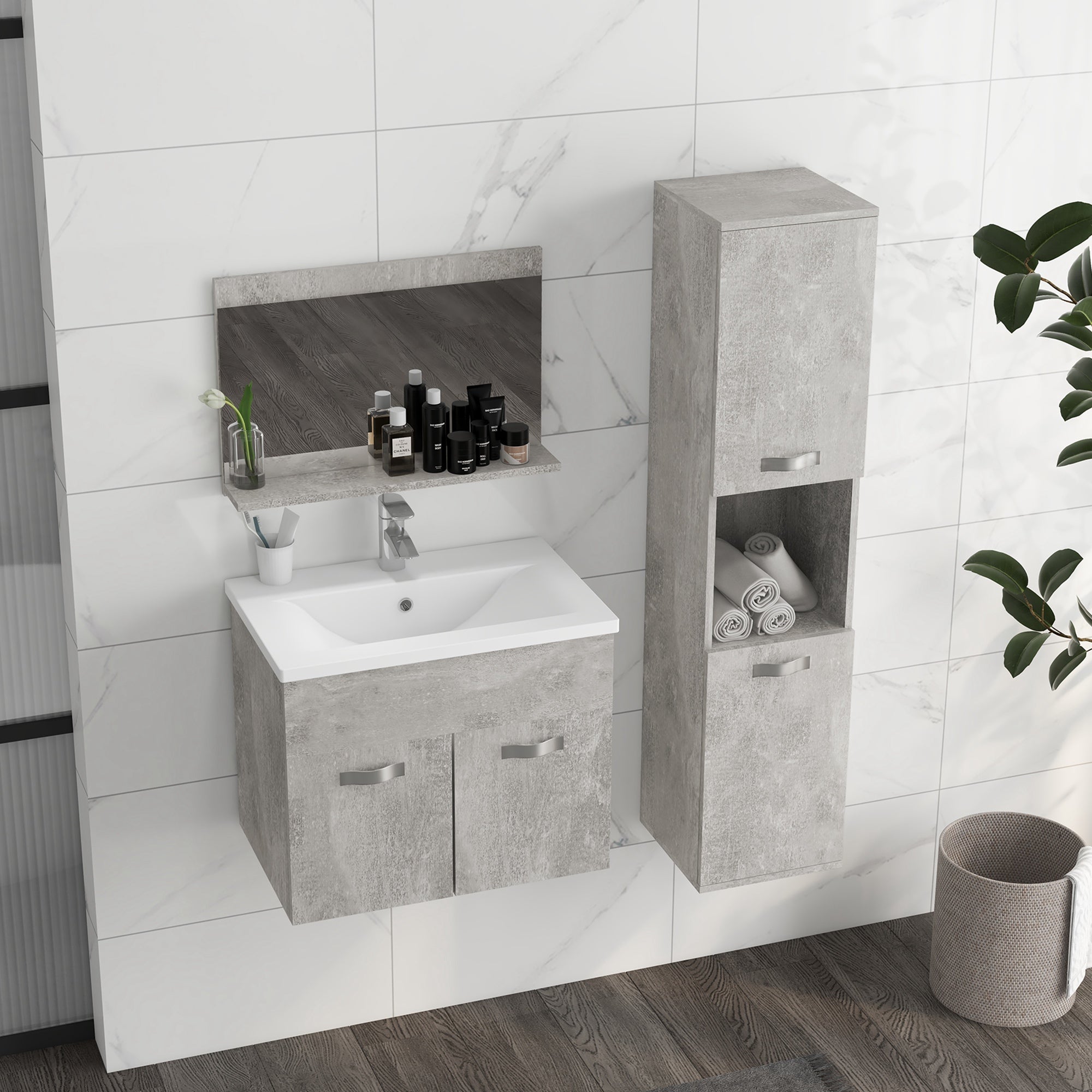 3-Piece Wall Mounted Bathroom Furniture Set Includes Ceramic Sink Vanity Mirror Cabinet and Modern Style Bathroom Auxiliary Column Gray