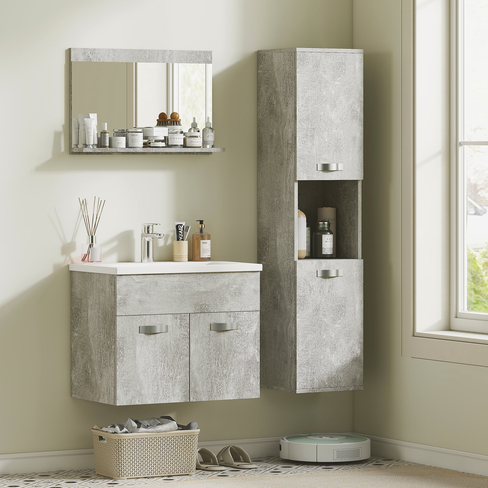 3-Piece Wall Mounted Bathroom Furniture Set Includes Ceramic Sink Vanity Mirror Cabinet and Modern Style Bathroom Auxiliary Column Gray