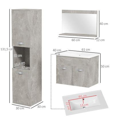 3-Piece Wall Mounted Bathroom Furniture Set Includes Ceramic Sink Vanity Mirror Cabinet and Modern Style Bathroom Auxiliary Column Gray