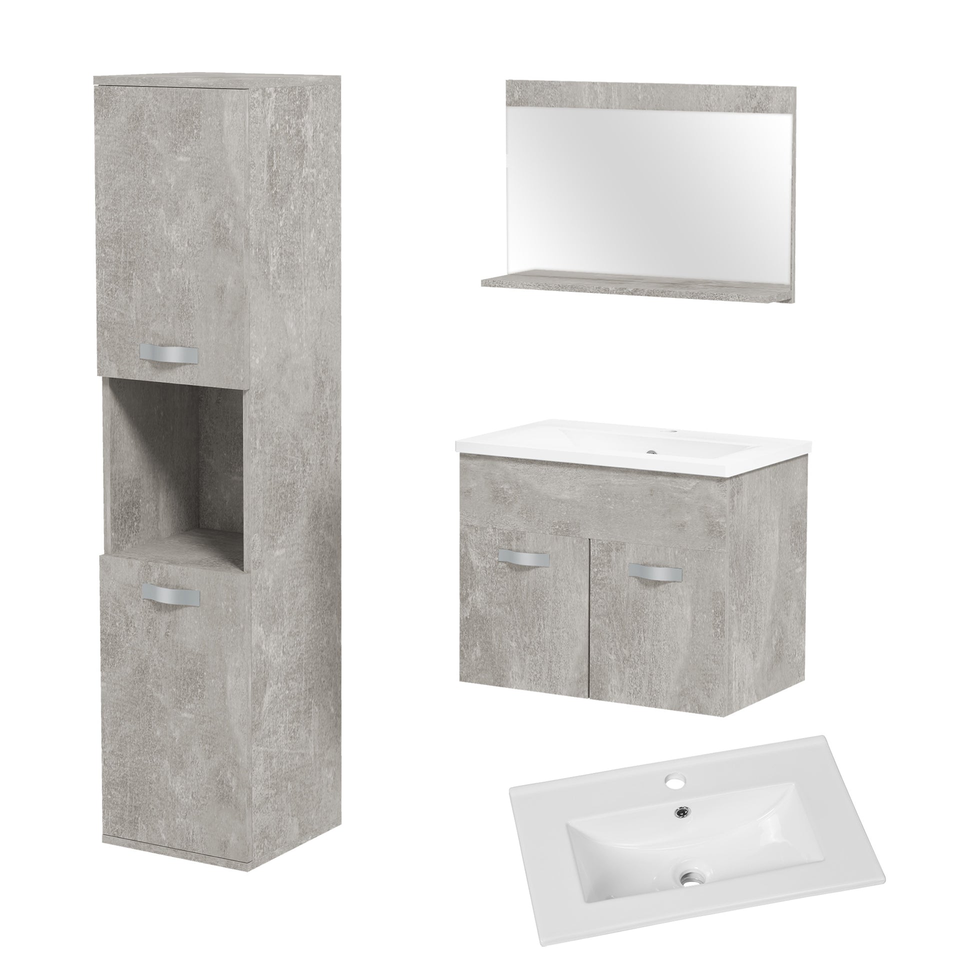 3-Piece Wall Mounted Bathroom Furniture Set Includes Ceramic Sink Vanity Mirror Cabinet and Modern Style Bathroom Auxiliary Column Gray