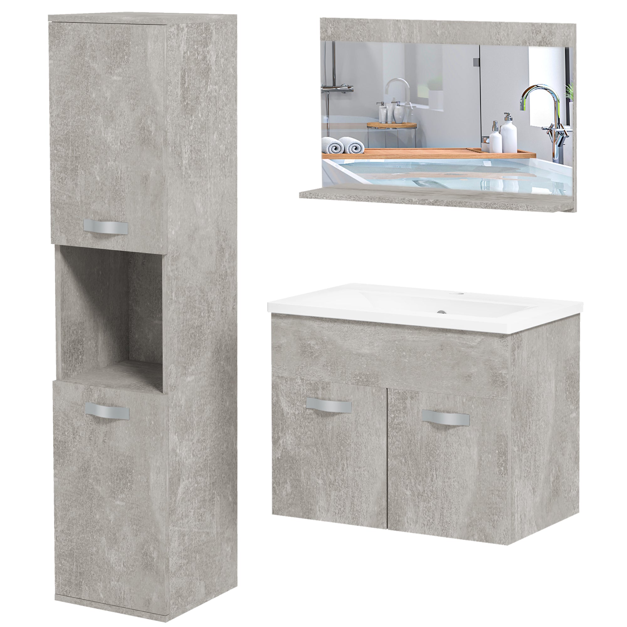 3-Piece Wall Mounted Bathroom Furniture Set Includes Ceramic Sink Vanity Mirror Cabinet and Modern Style Bathroom Auxiliary Column Gray