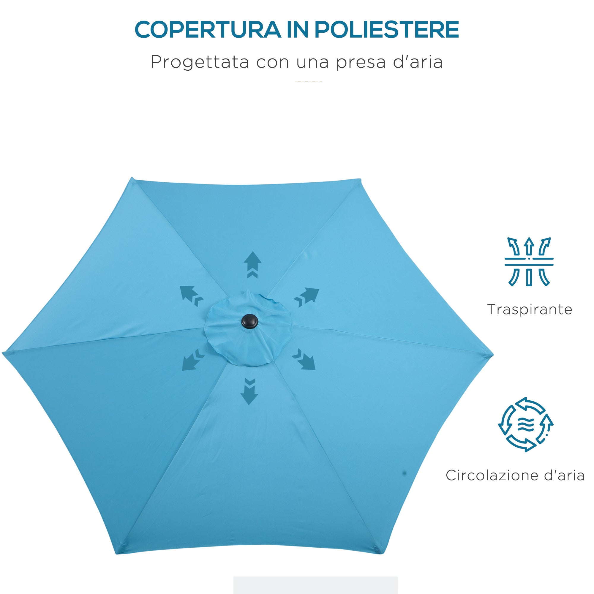 Garden Umbrella Ø2.6x2.35m Tiltable with Crank Handle, Outdoor Umbrella with 6 Aluminum Struts, Metal and Polyester 180g/㎡, Blue