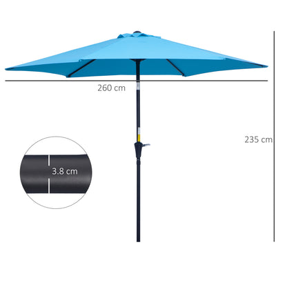 Garden Umbrella Ø2.6x2.35m Tiltable with Crank Handle, Outdoor Umbrella with 6 Aluminum Struts, Metal and Polyester 180g/㎡, Blue