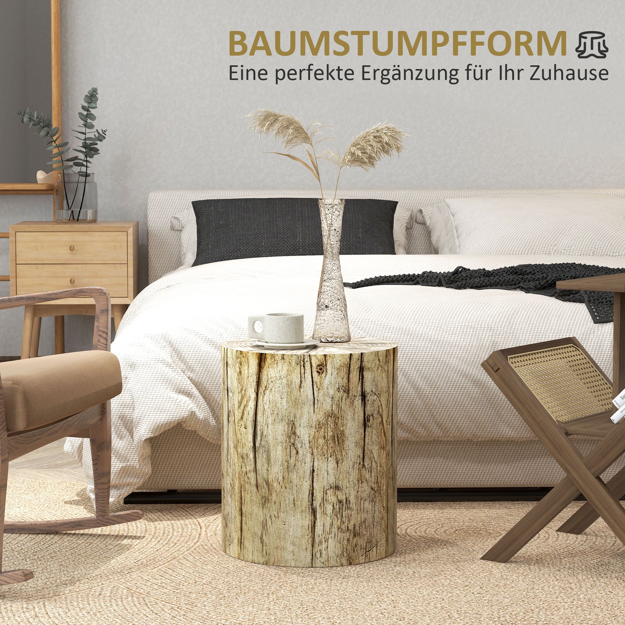 Side Table, Coffee Table in Tree Stump Design, Round Nightstand, Side Table for Living Room, Garden, Natural, Ø37 x 43 cm