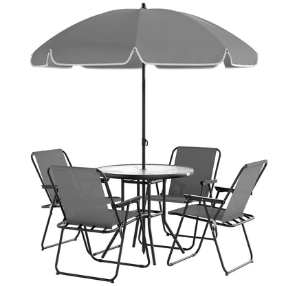 6-Piece Garden Table and Chairs Set Outdoor Furniture with 4 Folding Chairs Glass Table and Umbrella for Terrace Patio Gray