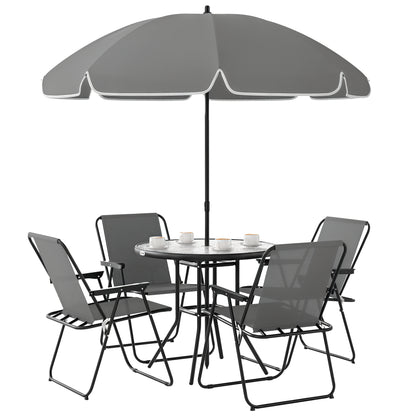 6-Piece Garden Table and Chairs Set Outdoor Furniture with 4 Folding Chairs Glass Table and Umbrella for Terrace Patio Gray