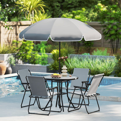 6-Piece Garden Table and Chairs Set Outdoor Furniture with 4 Folding Chairs Glass Table and Umbrella for Terrace Patio Gray