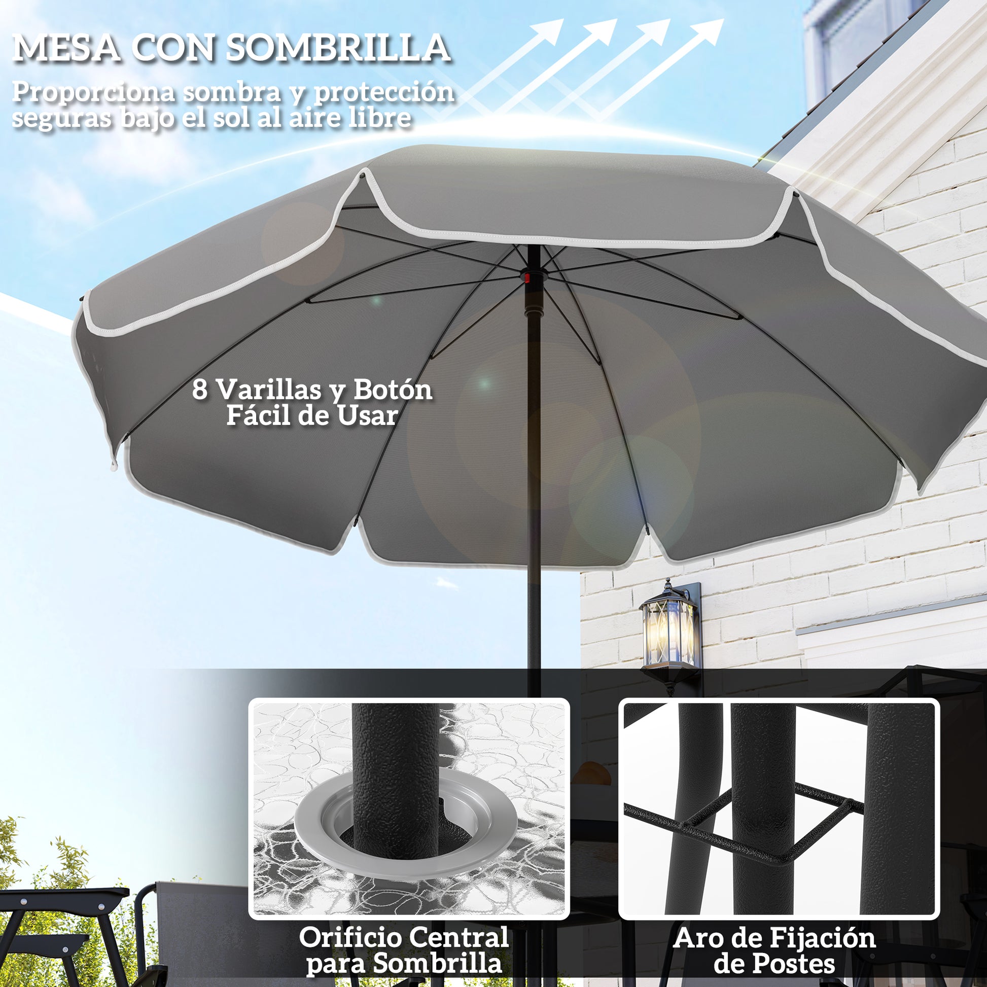 6-Piece Garden Table and Chairs Set Outdoor Furniture with 4 Folding Chairs Glass Table and Umbrella for Terrace Patio Gray